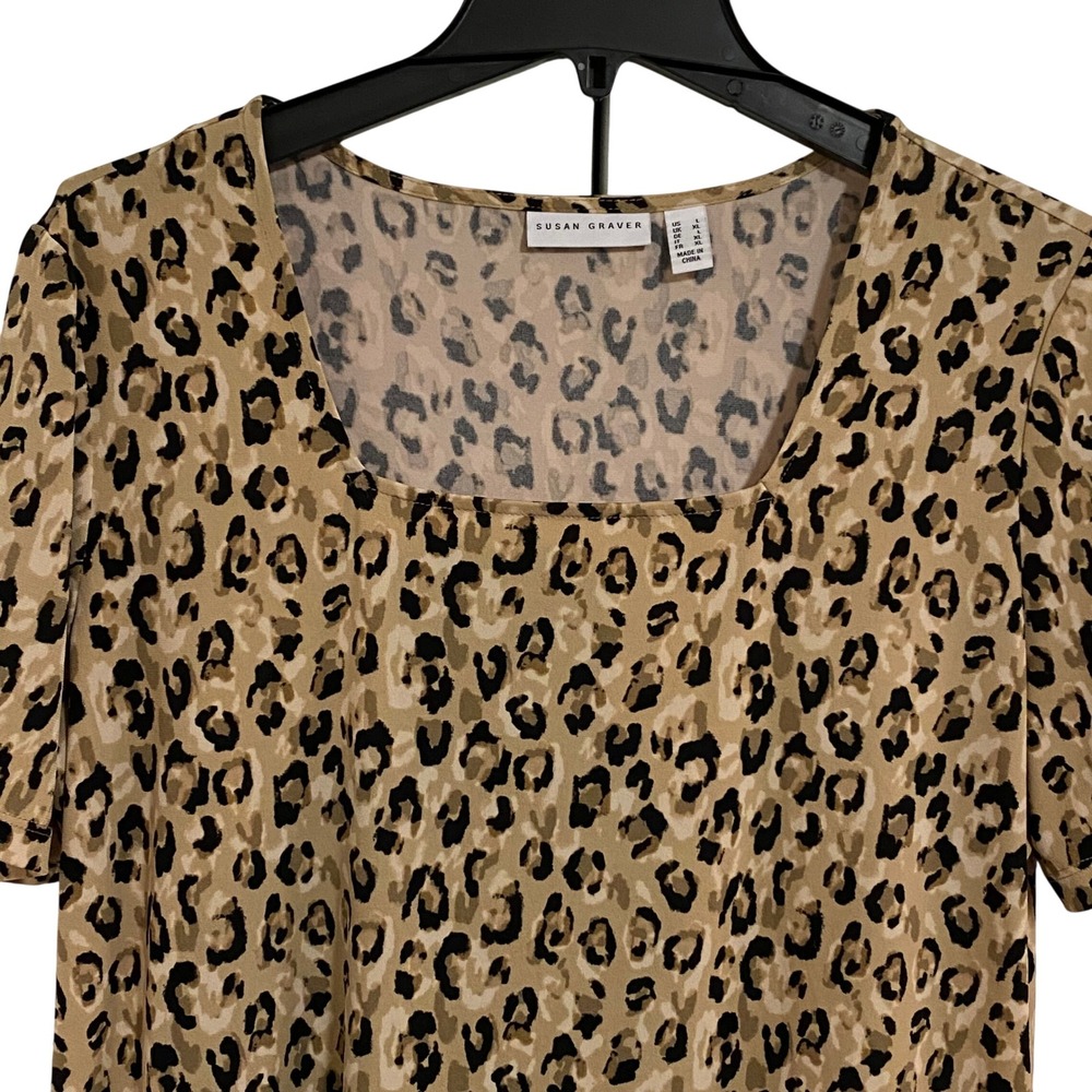 Susan Graver Leopard Print Indie Chic Short Sleeve Top Womens L Tan Black - Picture 3 of 5